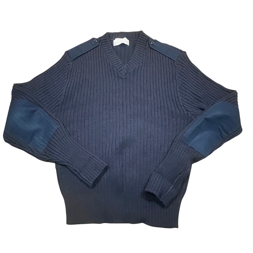 Vintage Iron Run Wool Military Sweater Elbow Patch V Neck Navy Men Large 42